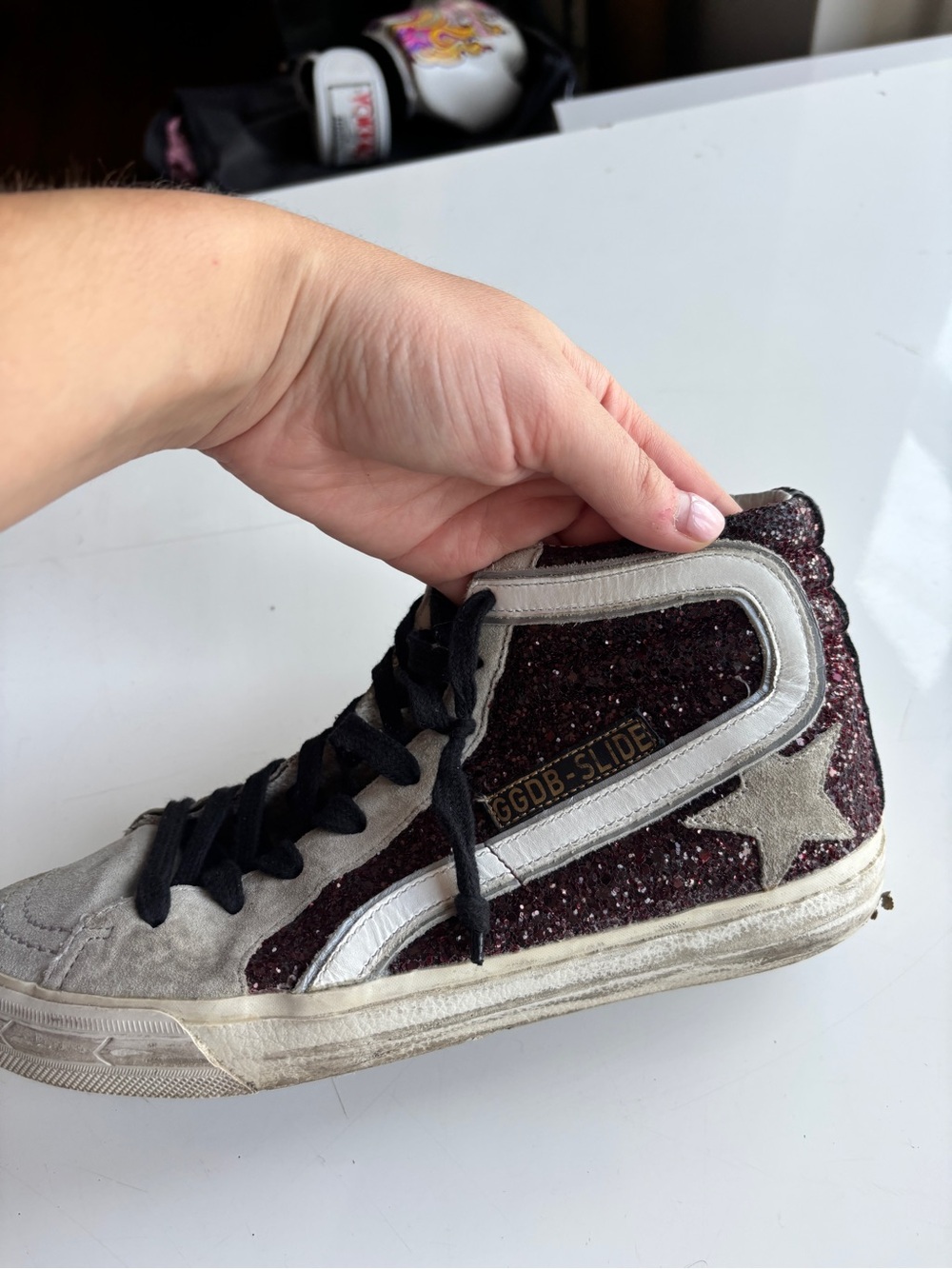 Golden Goose GGDB-SLIDE High-Top Sneaker in Burgundy Glitter and White - Picture 5 of 5